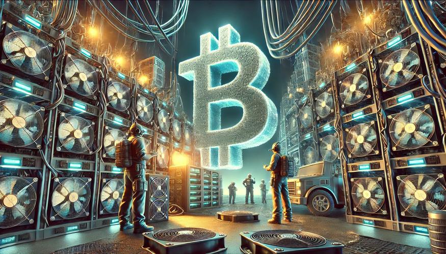 A miner inspecting a mining rig in a green mining facility, highlighting the human element in sustainable cryptocurrency operations.